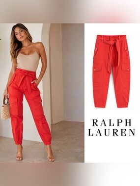 NEW Ralph Lauren Red Cargo Paperbag Waist Pants